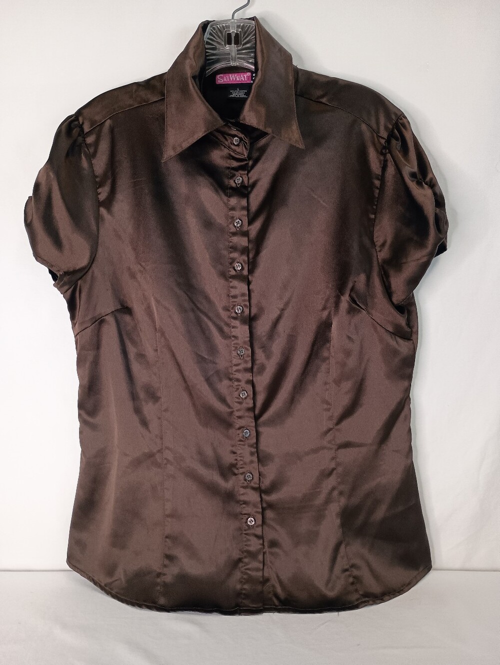 Women's Satin Button-Up Blouse – Size Large Chocolate Brown Y2K USA